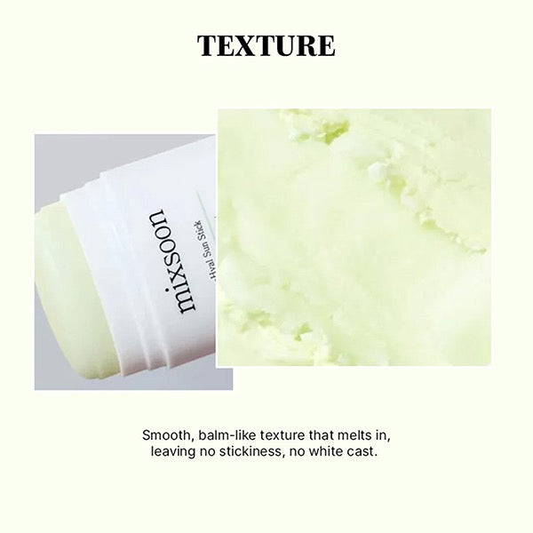 Balm with 'mixsoon' label and close-up of texture on a white background