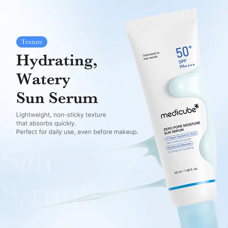 Medicube sun serum tube with text on a light blue background