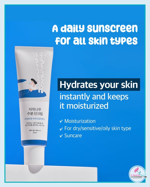 Sunscreen tube with blue background and text about skin hydration and types.