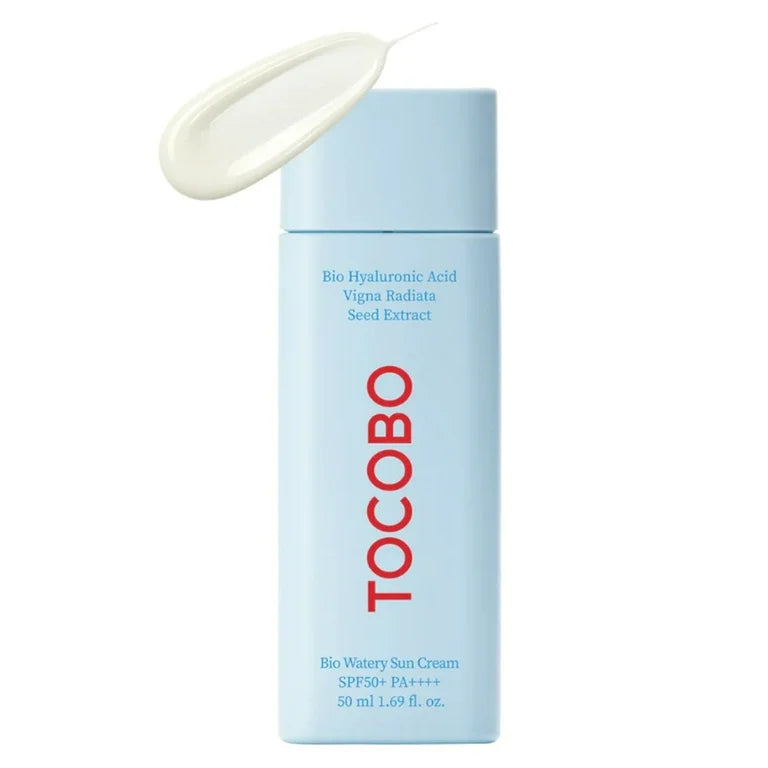 Tocobo sun cream bottle with a white cap on a white background