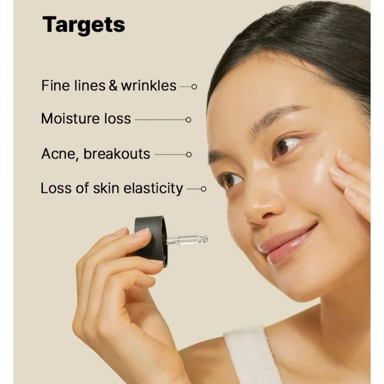 Woman holding a COSRX skincare product with text on a beige background