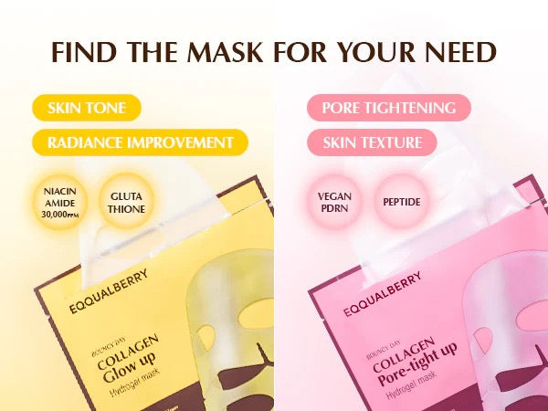 Two skincare masks with labels for skin tone, radiance improvement, pore tightening, and skin texture on a white background.