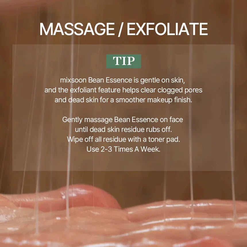 Product use instruction for 'mixsoom Bean Essence' with text overlay on a blurred background.