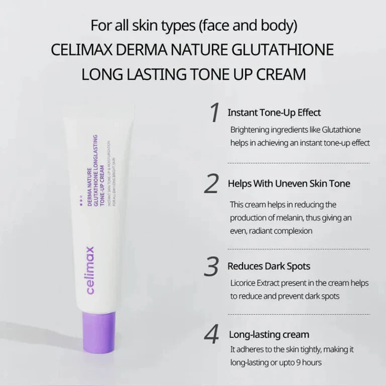 Celimax Derma Nature Glutathione cream with product details on a light gray background