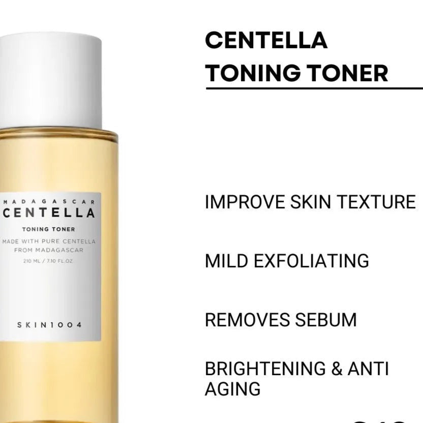 Bottle of Centella toning toner with product details on a white background