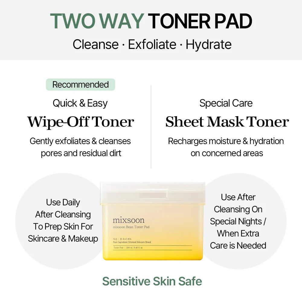 Two-way toner pad with product details on a white background
