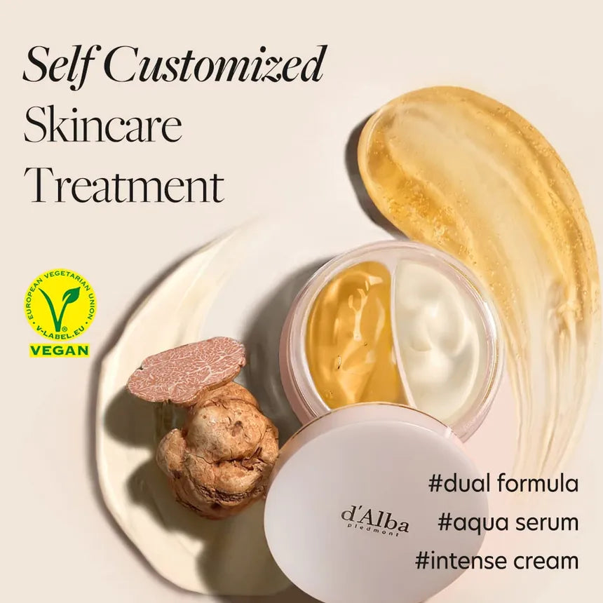 Skincare treatment with d'Alba product, vegan label, and text about self-customized skincare.