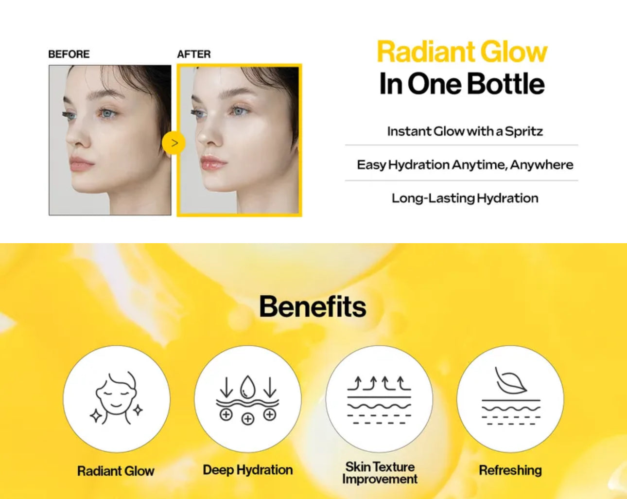 Advertisement for a skincare product with 'Before' and 'After' effects on skin, highlighting benefits like radiant glow and deep hydration.