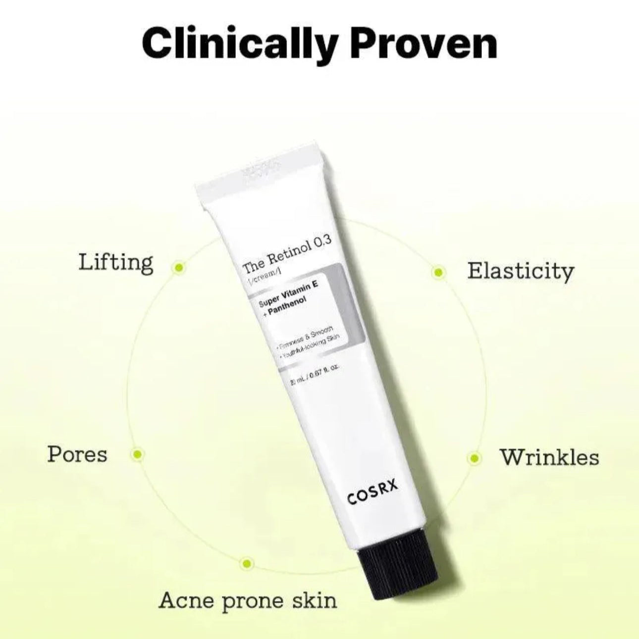 Cosrx skincare tube with benefits listed on a light yellow background
