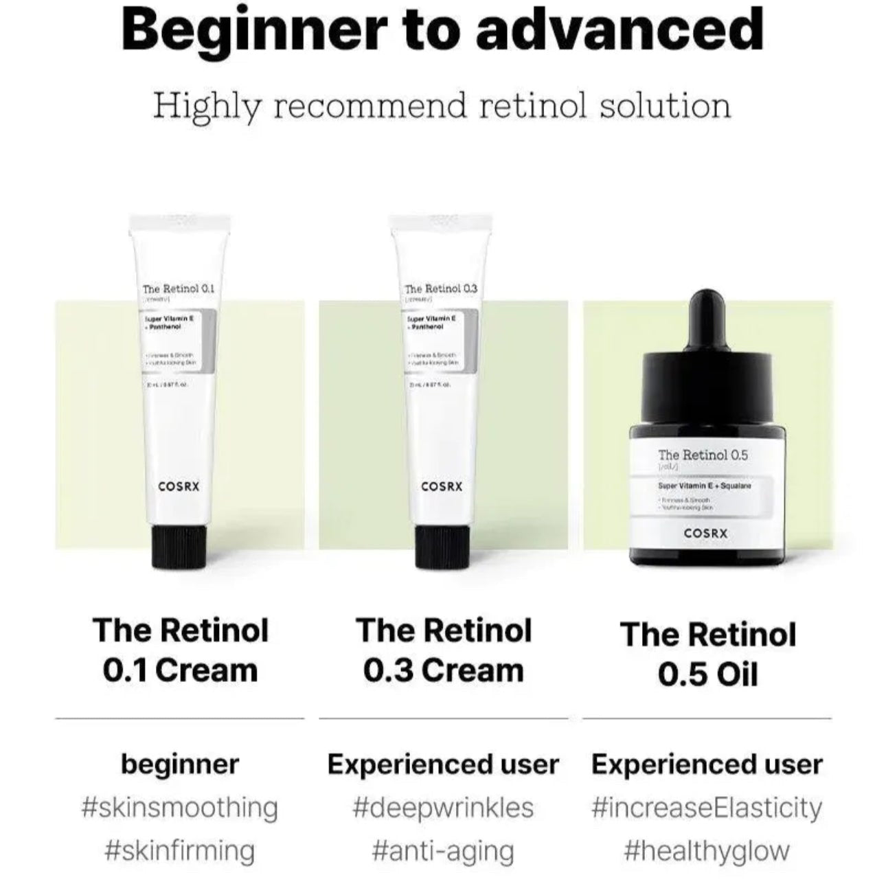 Cosrx retinol skincare products with labels for different users on a white background