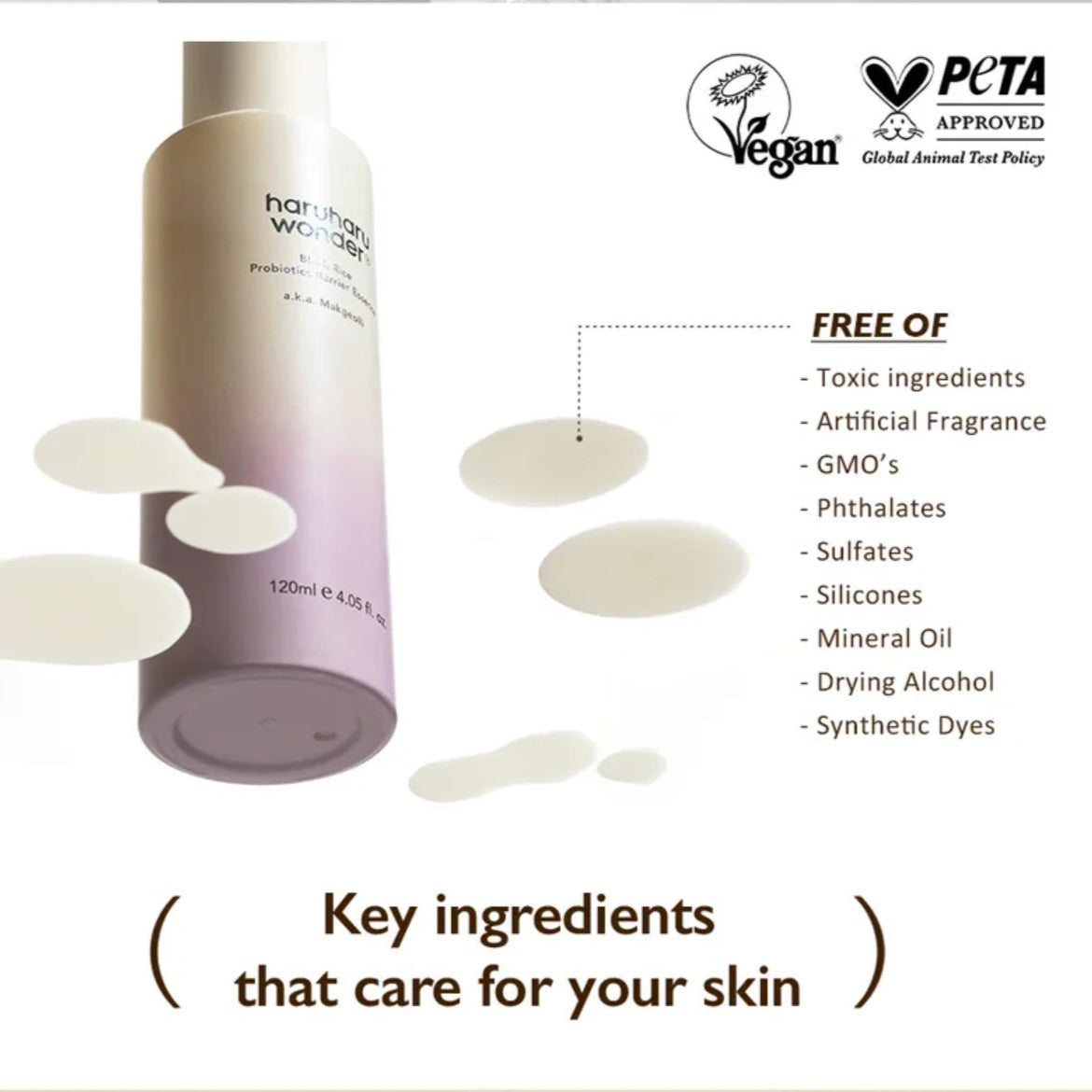 Cosmetic bottle with 'PETA Approved' and 'Vegan' labels, highlighting key ingredients for skin care.