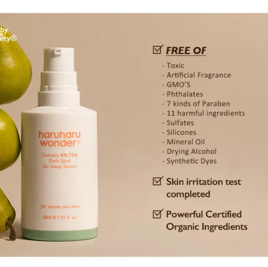 Haruharu Wonder bottle with pears on a beige background, featuring vegan certification and ingredient information.