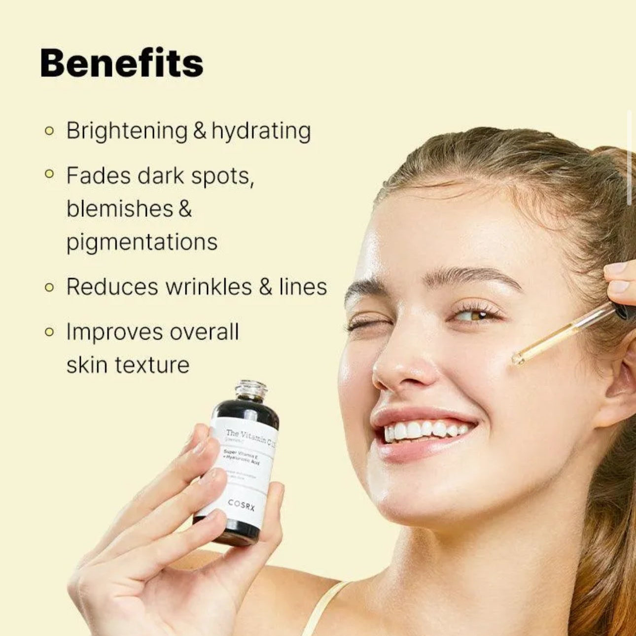 Woman holding a skincare product with text listing benefits on a beige background