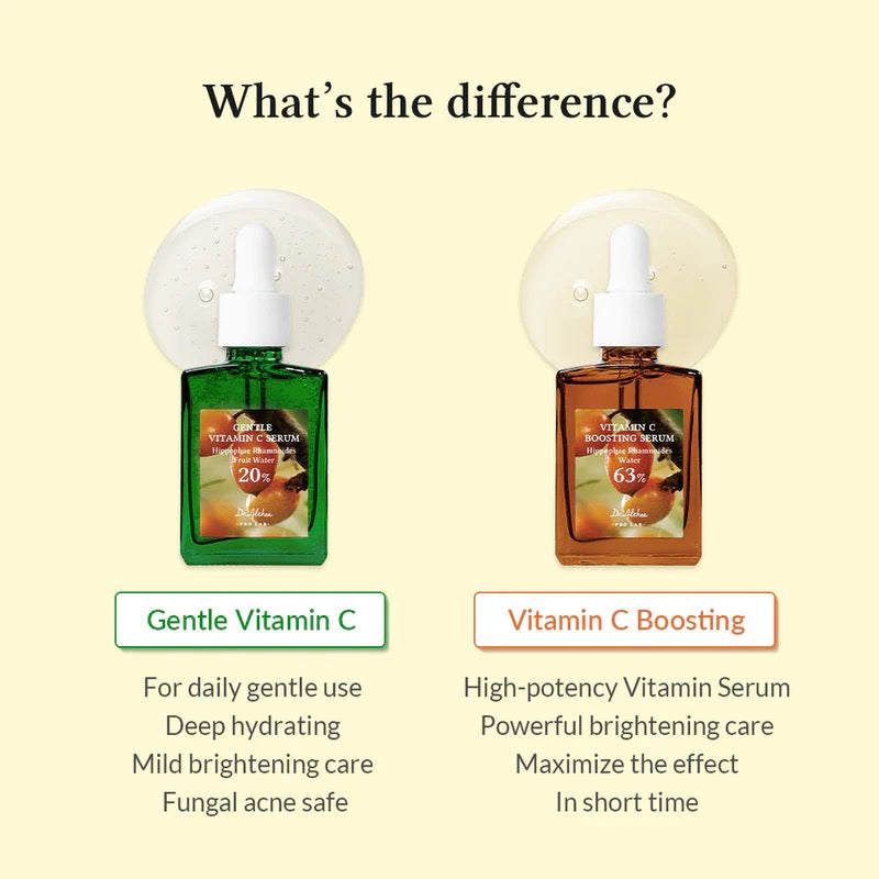 Two bottles of Vitamin C skincare products with text comparing gentle use and boosting effects on a beige background.