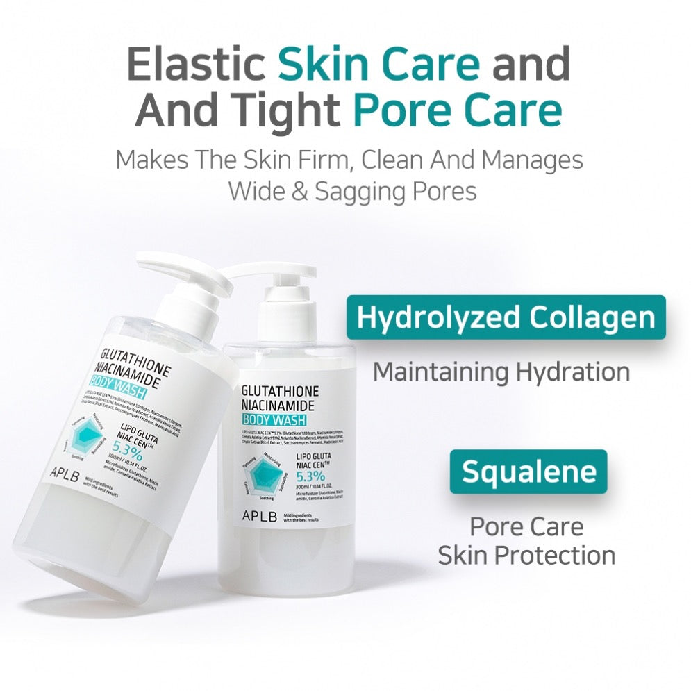 Two skincare bottles with text highlighting ingredients like hydrolyzed collagen and squalene on a white background.