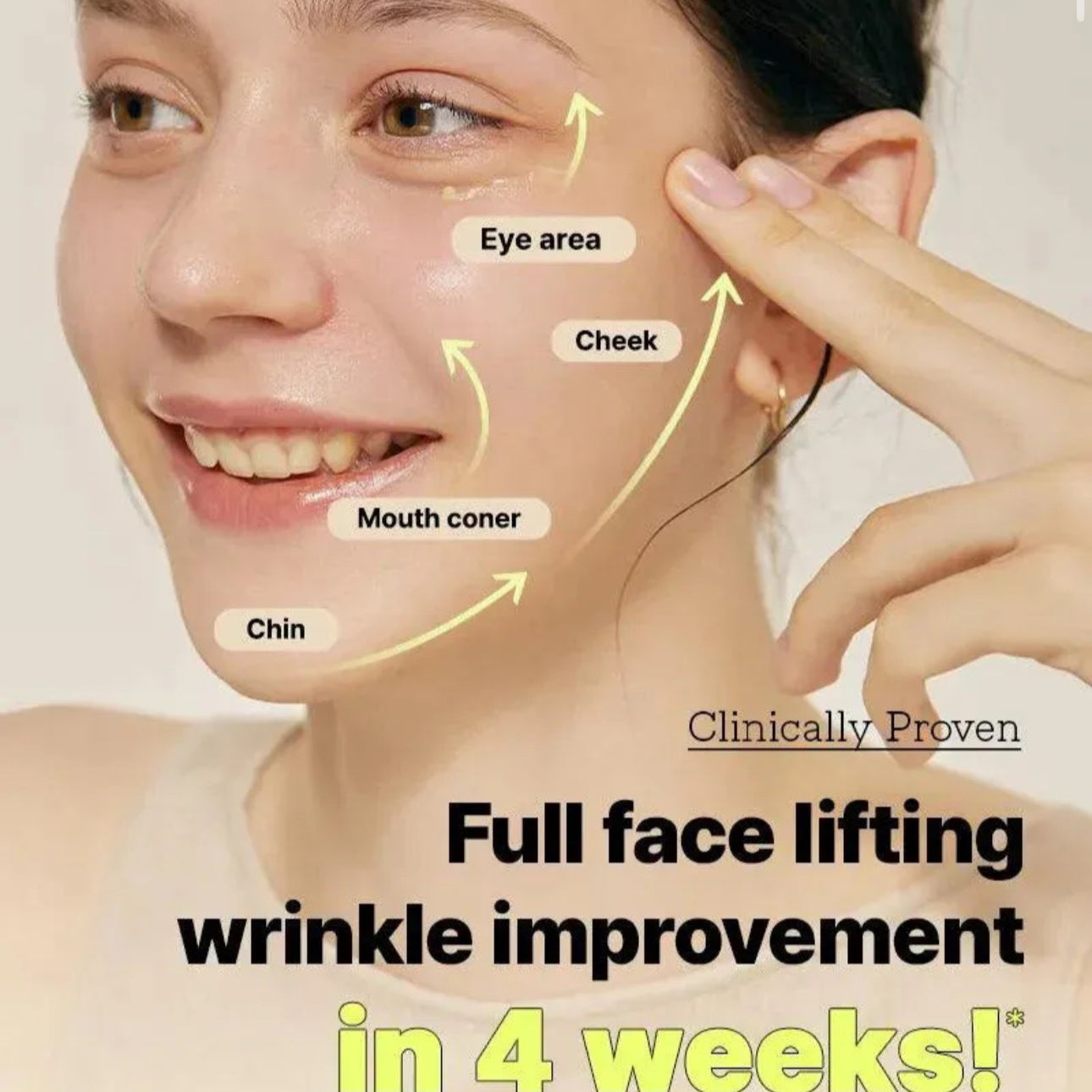 Cosrx advertisement for full face lifting wrinkle improvement with a woman pointing to her face.