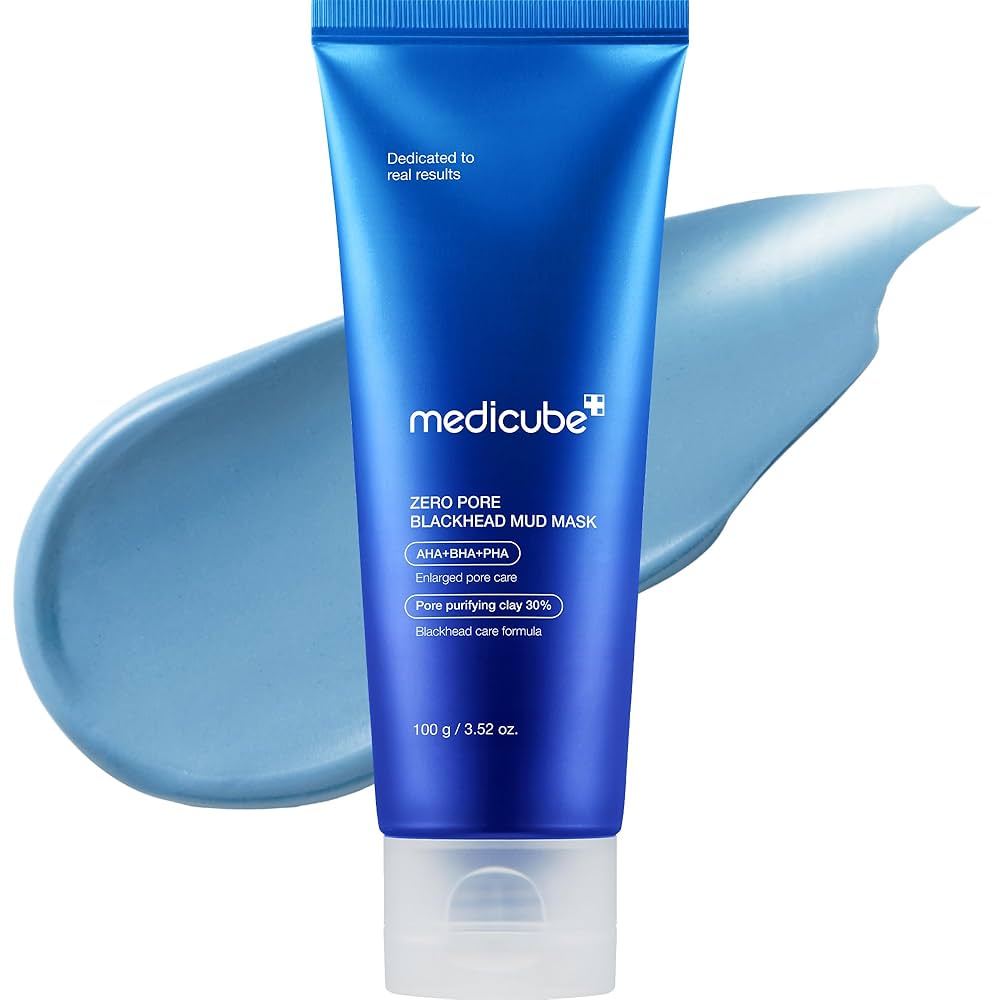 Blue tube of Medicube Zero Pore Blackhead Mud Mask with a smear of blue mud on a white background