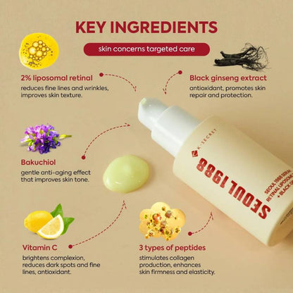 Skincare product with key ingredients and their benefits on a beige background