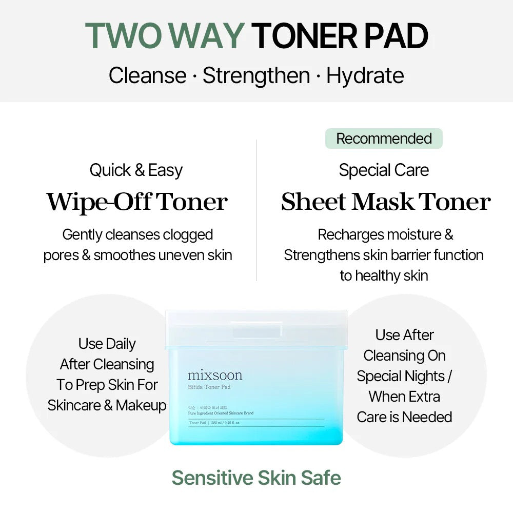 Two-way toner pad product description with benefits on a white background