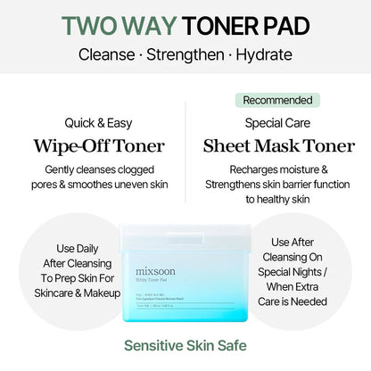 Two-way toner pad product description with benefits on a white background