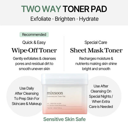 Two-way toner pad with product description and benefits on a white background