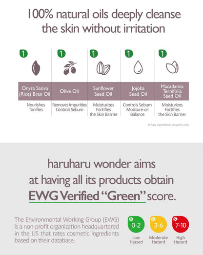 Advertisement for haruharu wonder's skincare products with natural oils and EWG Verified 'Green' score information.