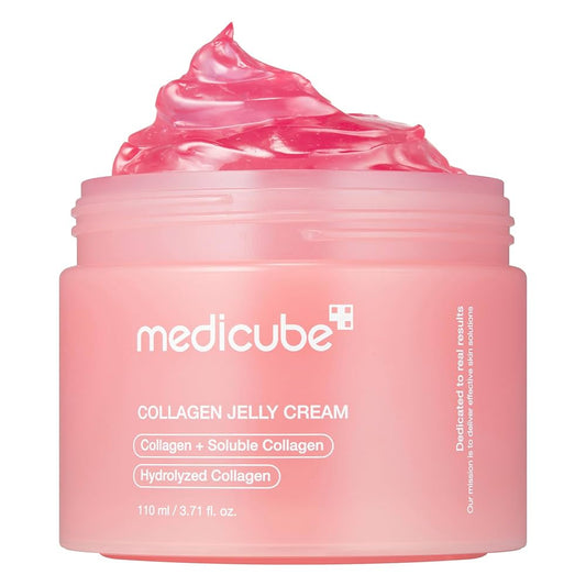 Pink jar of Medicube Collagen Jelly Cream on a white background