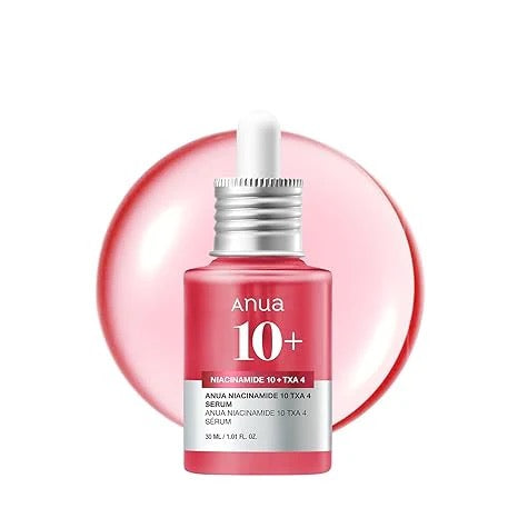 Anua 10+ serum bottle with dropper on a white background