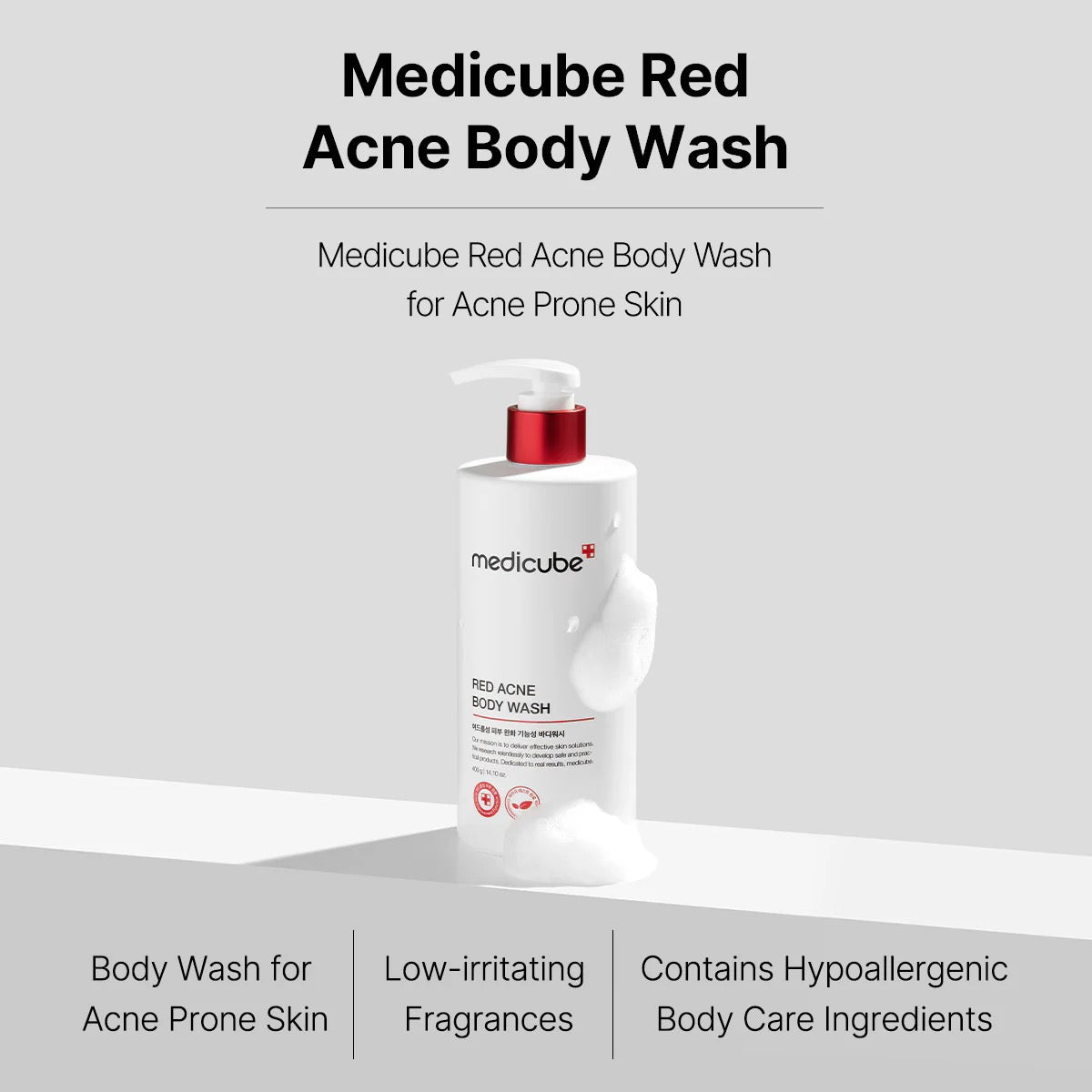Medicube Red Acne Body Wash bottle on a white background with product details.