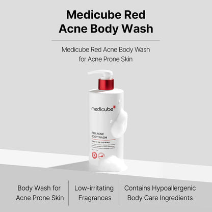 Medicube Red Acne Body Wash bottle on a white background with product details.