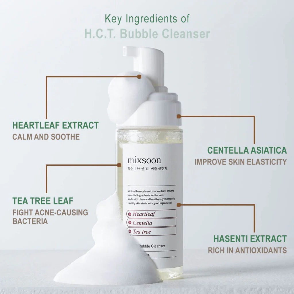 Bottle of mixsoon H.C.T. Bubble Cleanser with labeled key ingredients on a light gray background