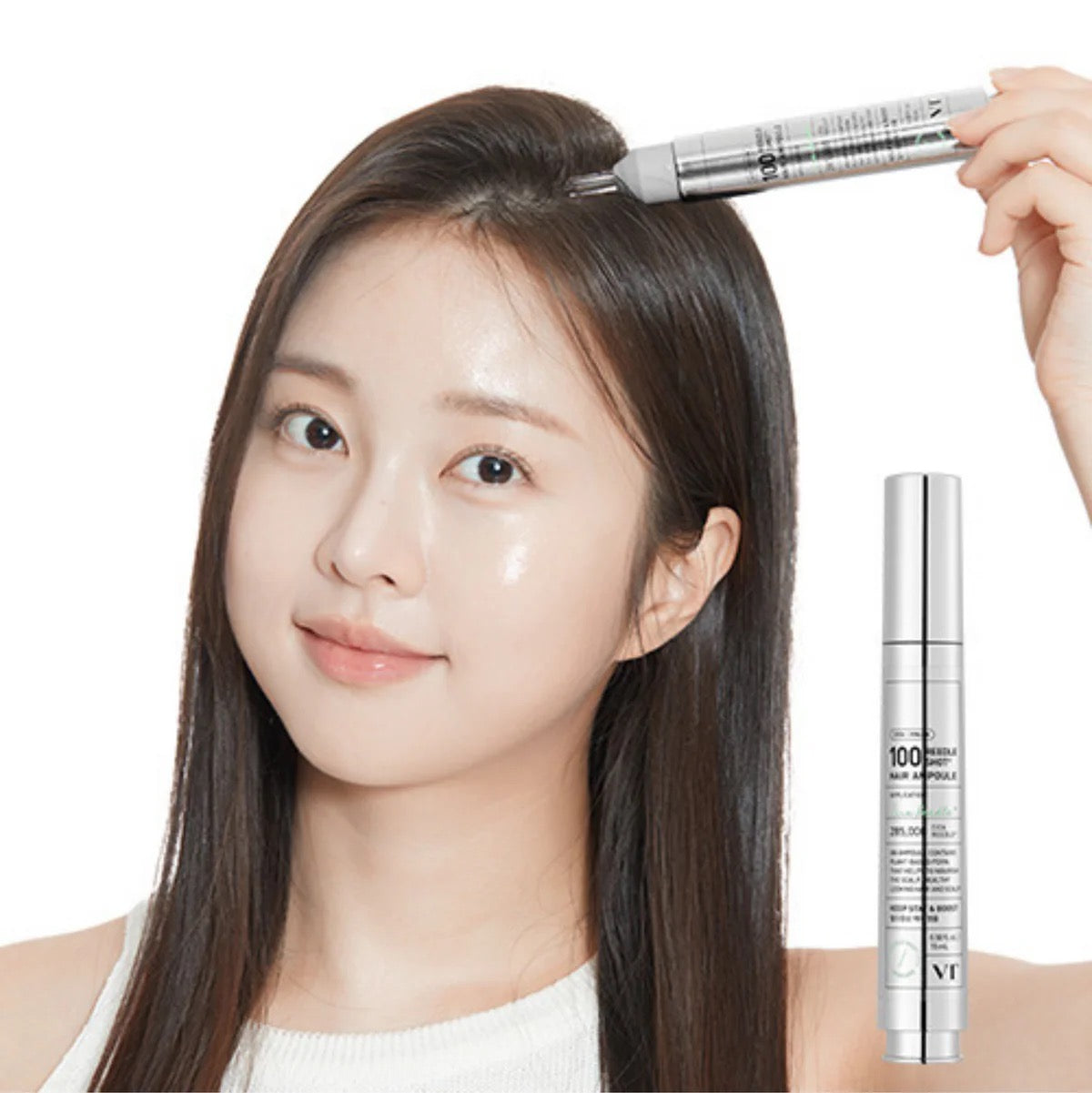 Woman with long hair using a hair product, with a close-up of the product on a white background.