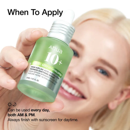 Person holding a green skincare serum bottle with application instructions.