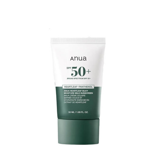 Anua sunscreen cream tube with SPF 50+ on a white background