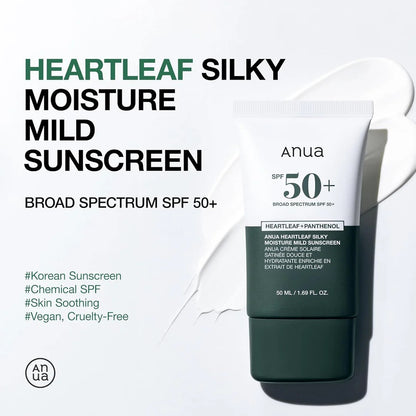 Anua Heartleaf Silky Moisture Mild Sunscreen bottle on a white background