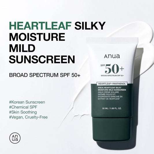 Anua Heartleaf Silky Moisture Mild Sunscreen bottle on a white background