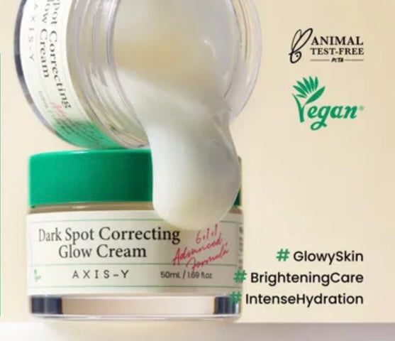 AXIS-Y Dark Spot Correcting Glow Cream with vegan and animal test-free labels.