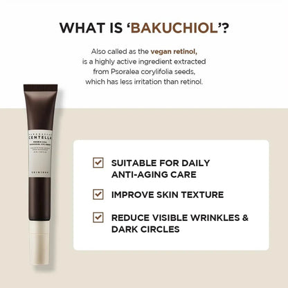 Skincare product with text about Bakuchiol, a vegan retinol alternative, on a beige background.