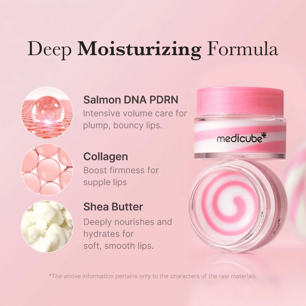 Lip balm with ingredients listed on a pink background