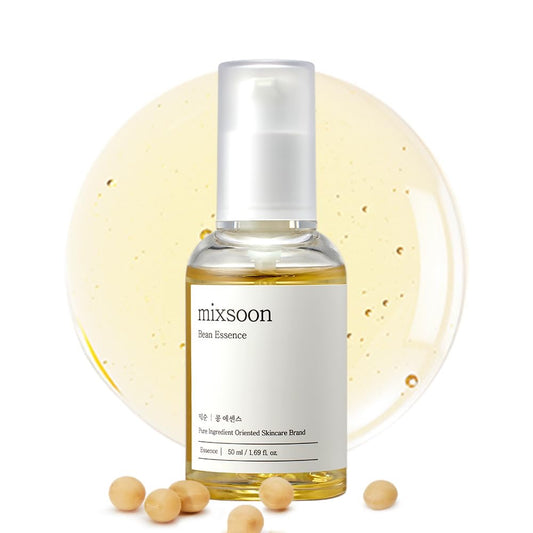 Bottle of mixsoon bean essence with soybeans on a white background