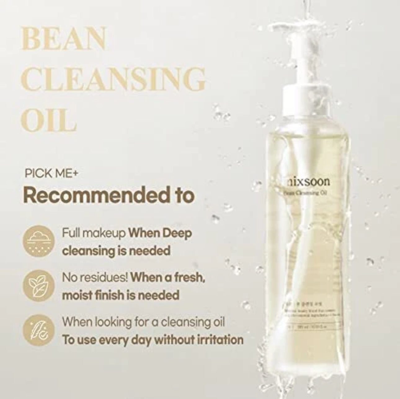 Nixsoon Bean Cleansing Oil bottle with product usage instructions on a light gray background