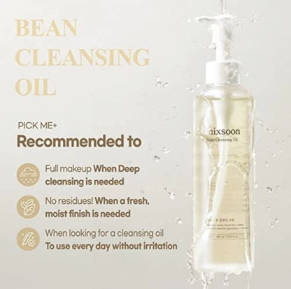 Nixsoon Bean Cleansing Oil bottle with product usage instructions on a light gray background