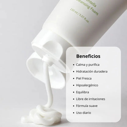 Cleansing foam tube with a stream of foam and benefits listed on a gray background