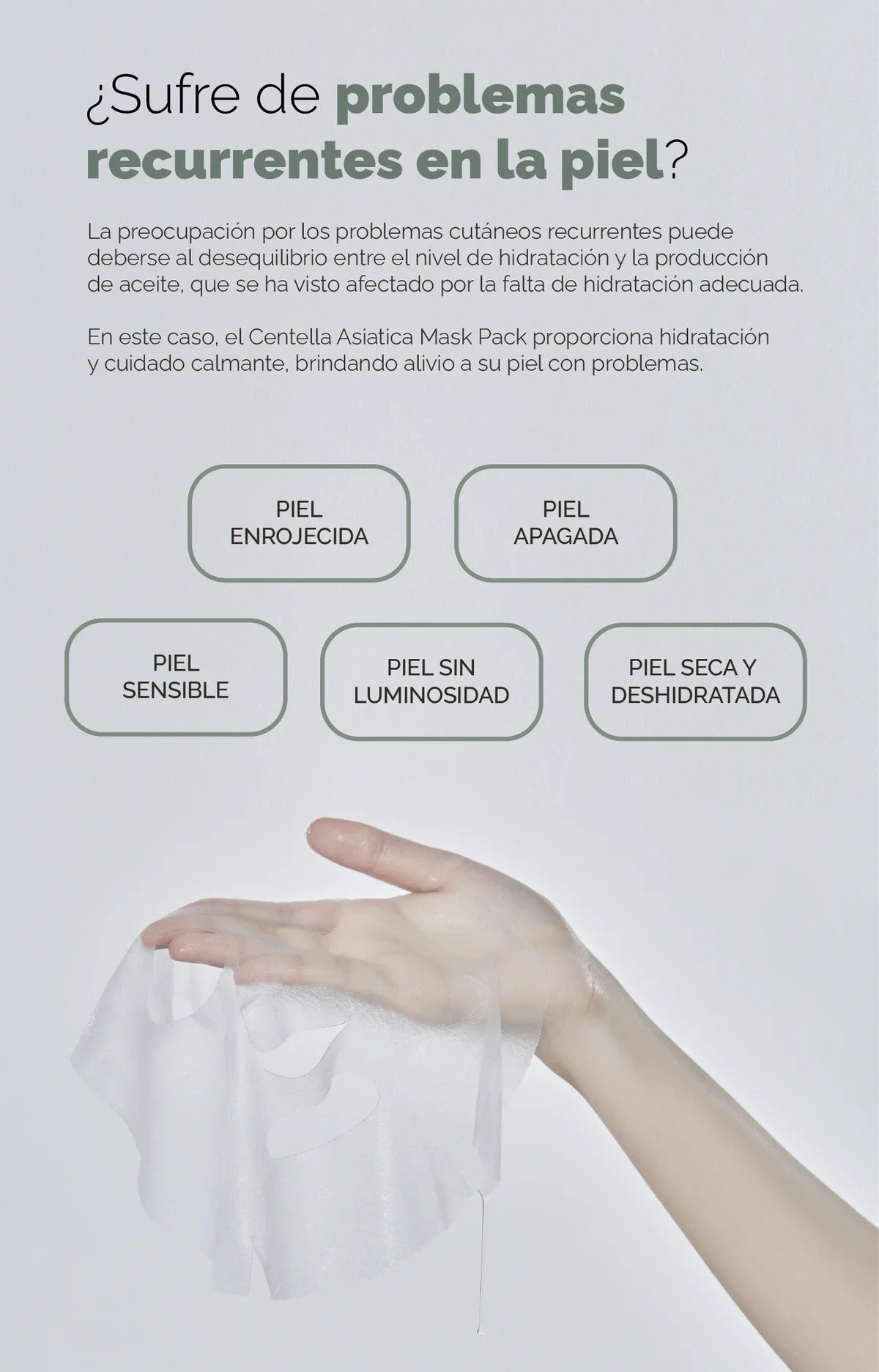 Hand holding a white sheet mask with text about skin care issues and solutions on a light gray background.