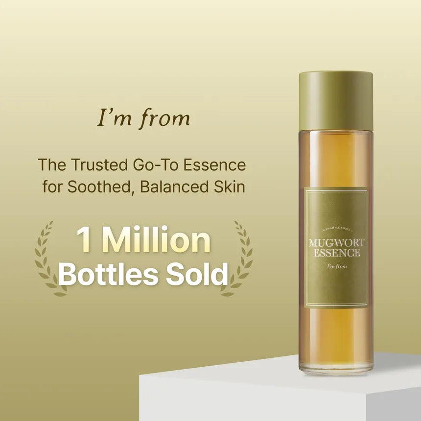 Mugwort essence bottle with text on a beige background