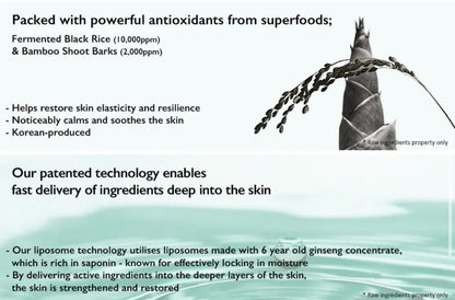 Product advertisement with text about antioxidants, skin benefits, and patented technology.
