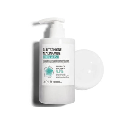 White bottle of APLB Glutathione Niacinamide Body Wash with pump on a white background
