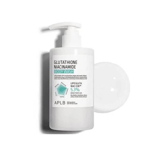 White bottle of APLB Glutathione Niacinamide Body Wash with pump on a white background