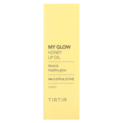 Yellow lip oil packaging with 'My Glow Honey Lip Oil' text on a white background