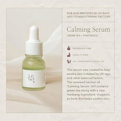 Calming serum bottle with green tea and panthenol on a beige background